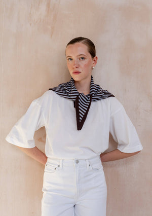 Merino Wool Triangle Scarf in Blue & Brown Stripe