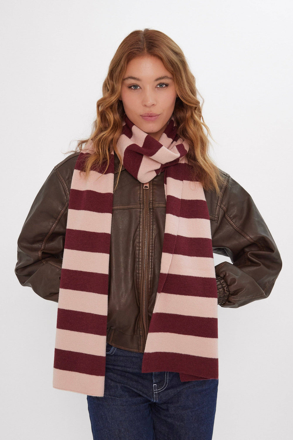 Knitted Stripe Scarf in Pink and Burgundy