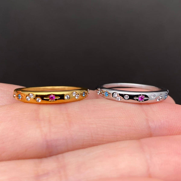 Colored Zircon Inlaid Star 18K Gold Plated SS Ring - FGS/MS