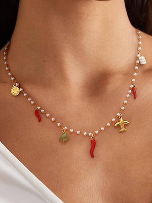 Gold Non-Tarnish Pepper Charm Pearl Necklace
