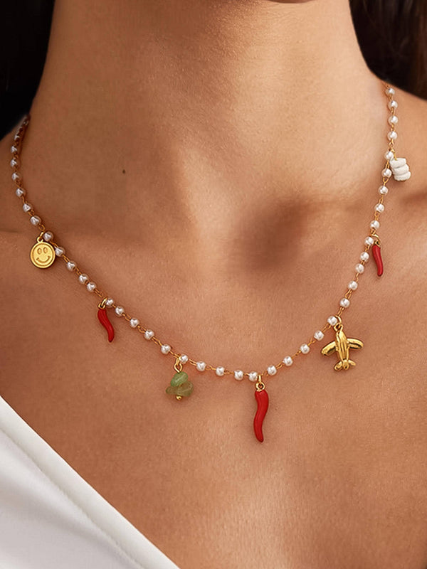 Gold Non-Tarnish Pepper Charm Pearl Necklace