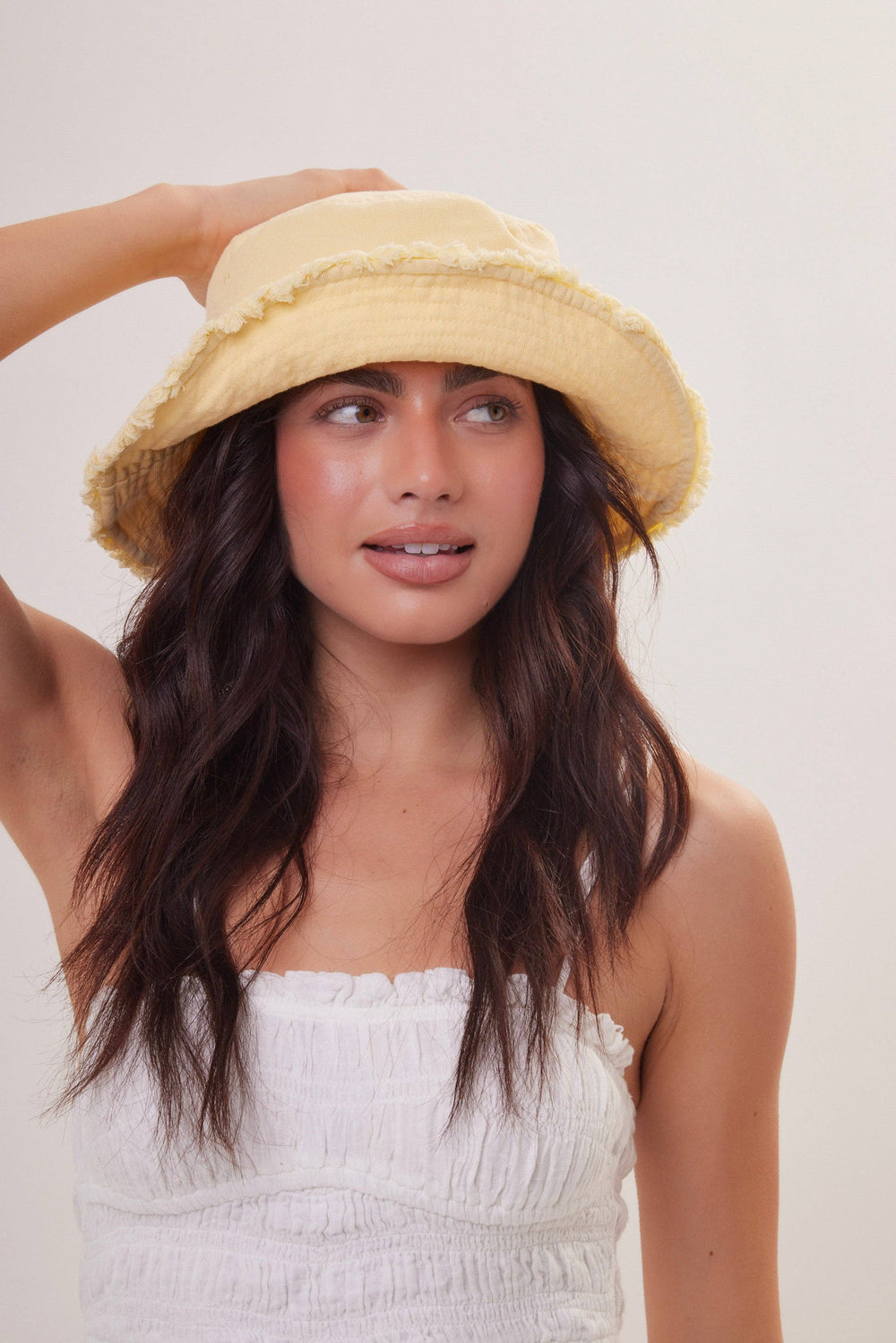Frayed Edge Denim Bucket Hat in Yellow