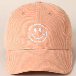 Smiley Face Embroidered Corduroy Hat