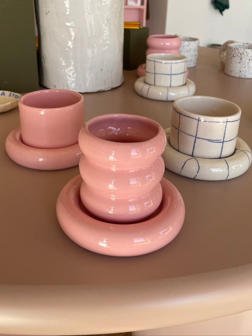 Pink Bubble Glazed Ceramic Cup and Saucer Set