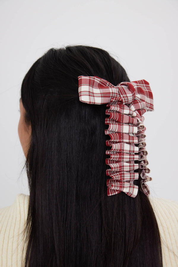 Ruched Check Bow Clip in Red