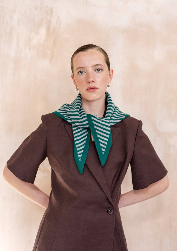 Merino Wool Triangle Scarf in Green & Charcoal Stripe
