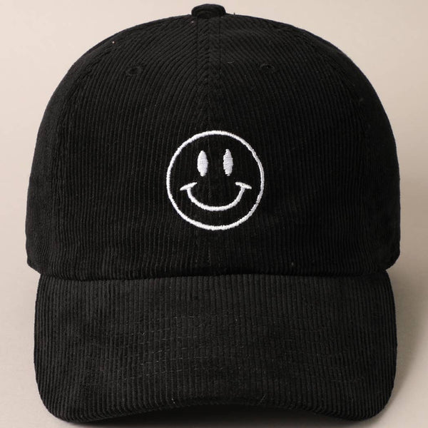 Smiley Face Embroidered Corduroy Hat