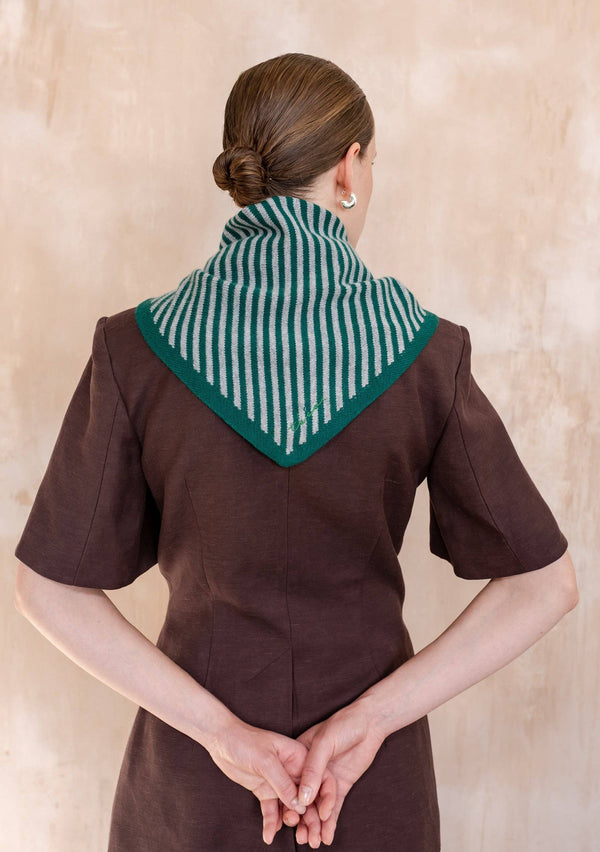 Merino Wool Triangle Scarf in Green & Charcoal Stripe