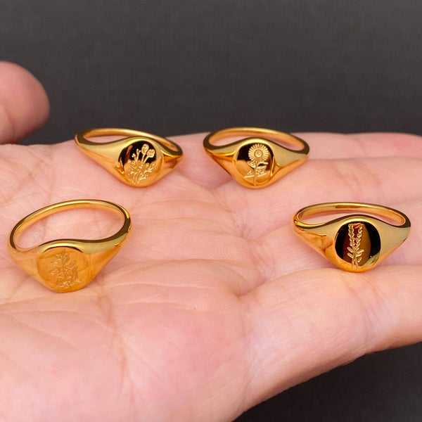 Multi style flowers Signet 18K Gold Plated S.Steel Ring -FGS