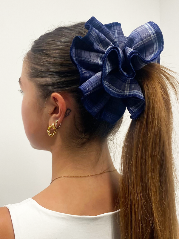 Double Layer Check Scrunchie in Navy