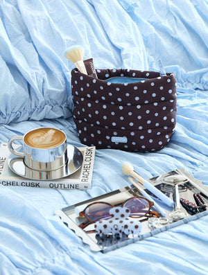 Polka Dot Pillow Pouch Makeup Bag in Brown & Blue
