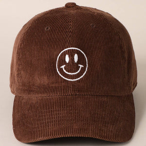 Smiley Face Embroidered Corduroy Hat