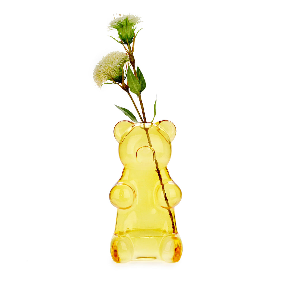 Yellow box with a bear-shaped vase featuring the brand 'balvi'.