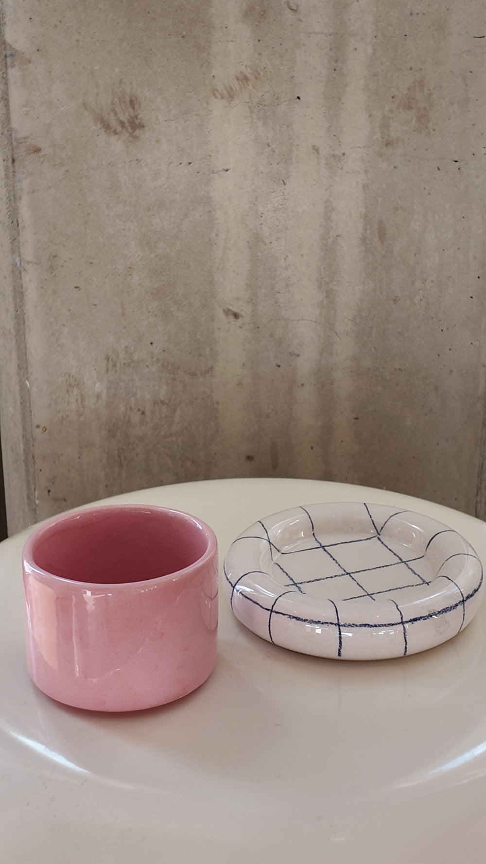 Checked & Baby Pink Glazed Ceramic Cup