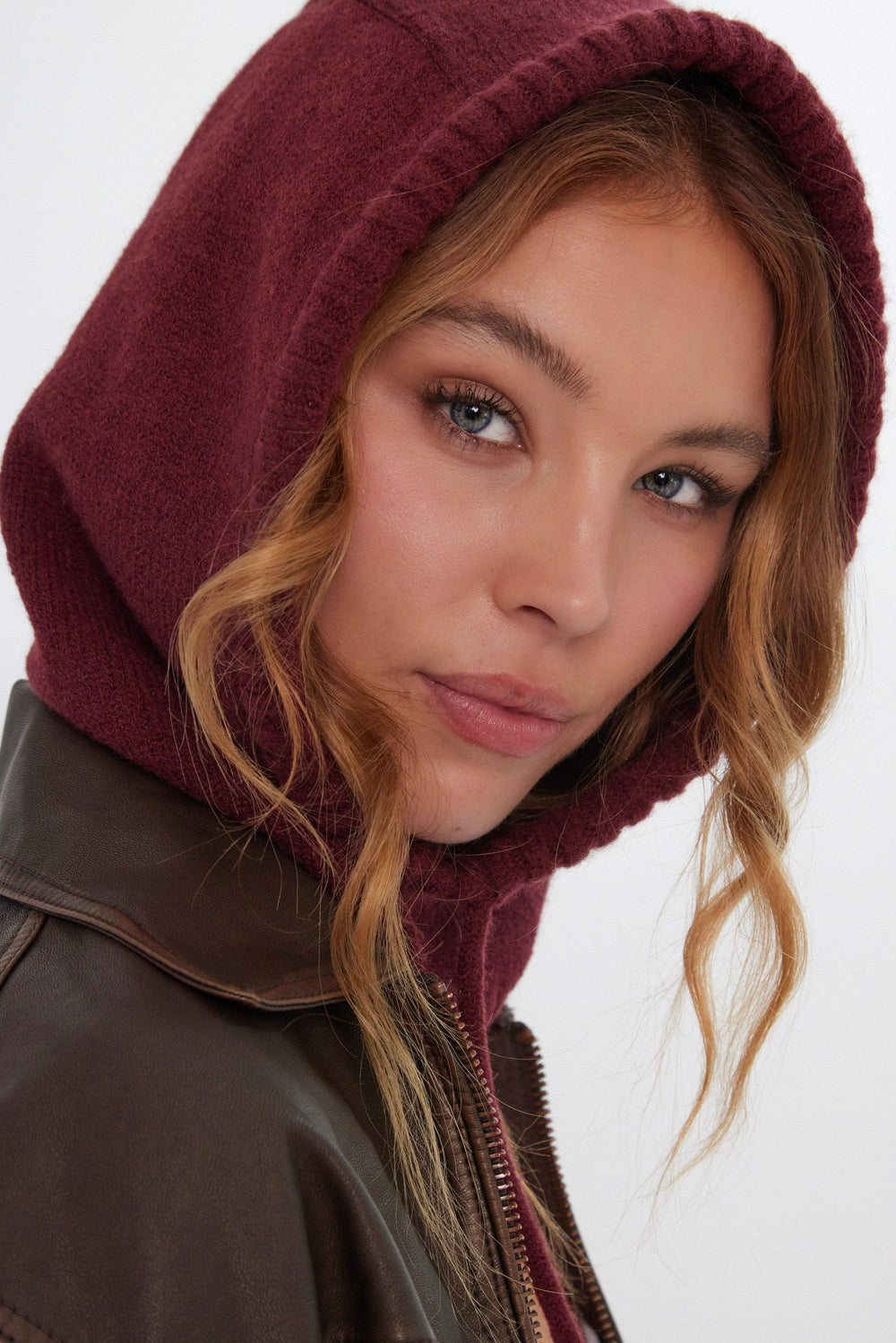 Drawstring Knitted Hood Balaclava in Burgundy