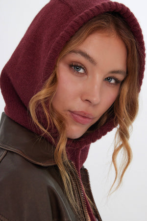 Drawstring Knitted Hood Balaclava in Burgundy