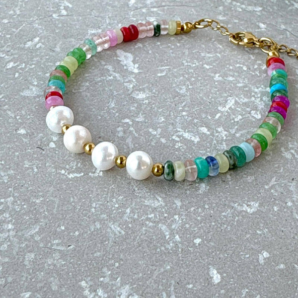 Tarnish Resistant Pearl and Multi Colour Beaded Bracelet