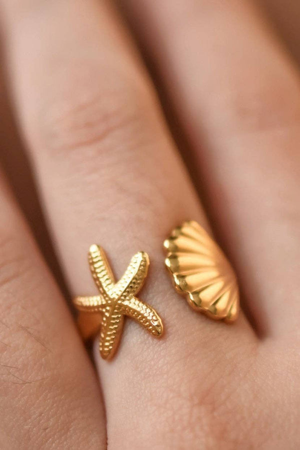 18K Gold Plated Stainless Steel Shell Starfish Ring