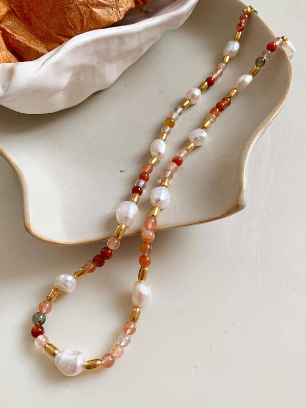Non Tarnish Bohemian Rose Pearl and Bead Necklace
