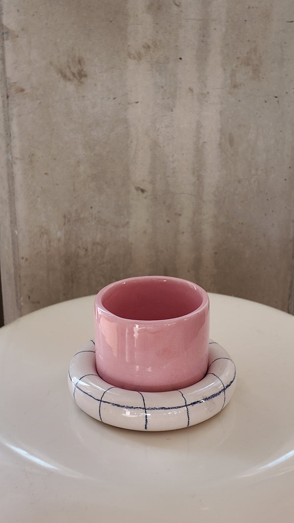 Checked & Baby Pink Glazed Ceramic Cup