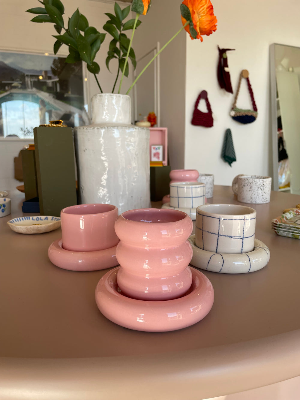 Pink Bubble Glazed Ceramic Cup and Saucer Set