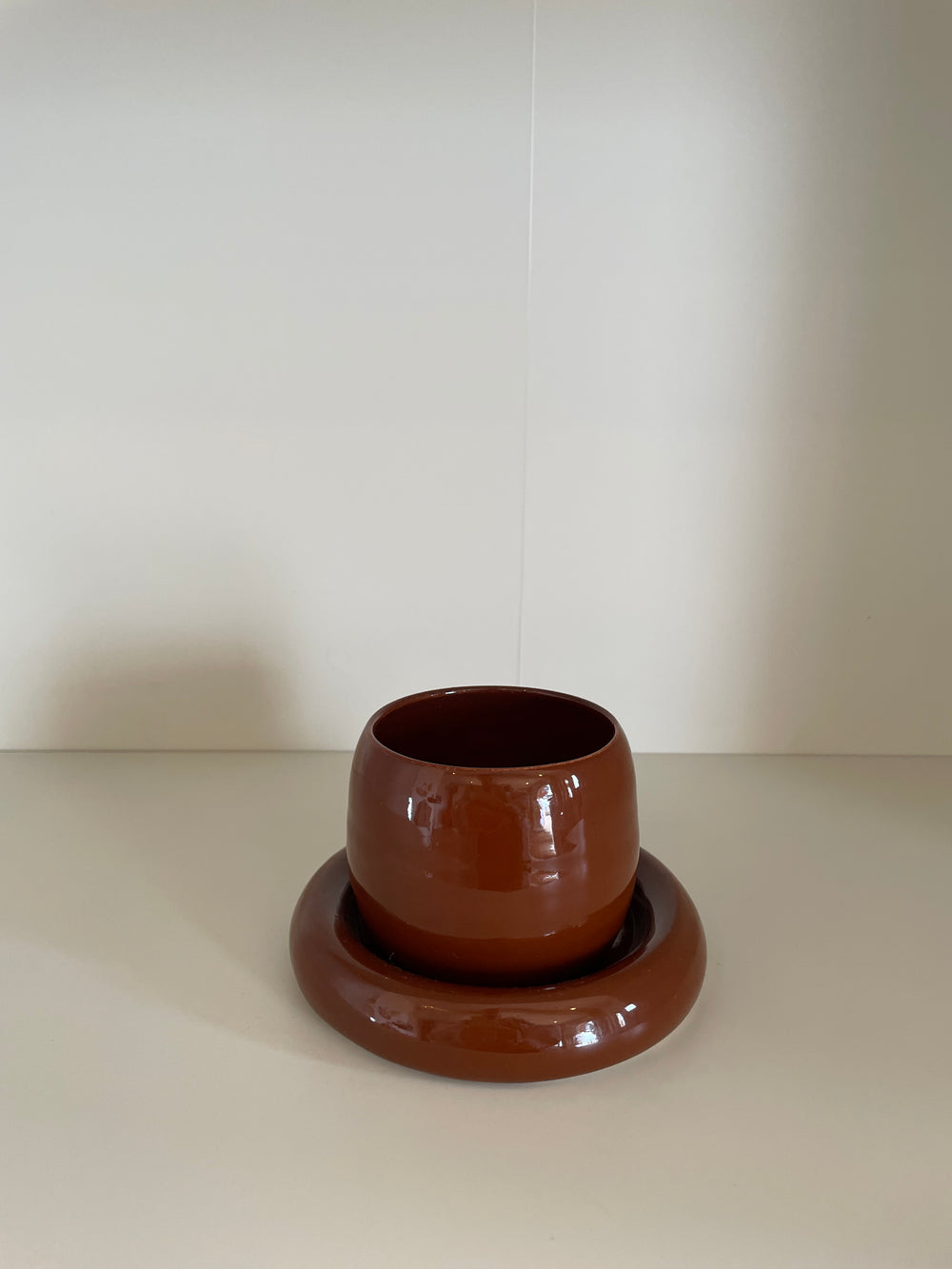 Chocolate Brown Glazed Ceramic Chunky Mug and Saucer