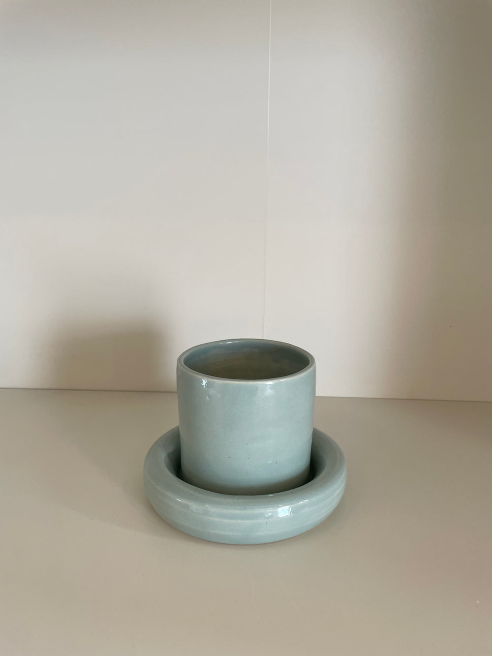 Blue Glazed Ceramic Chunky Mug and Saucer