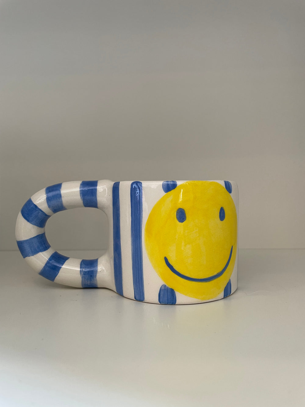 Handmade Blue Smiley Face Ceramic Mug