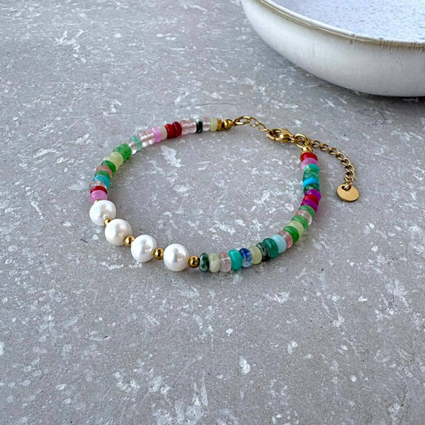 Tarnish Resistant Pearl and Multi Colour Beaded Bracelet