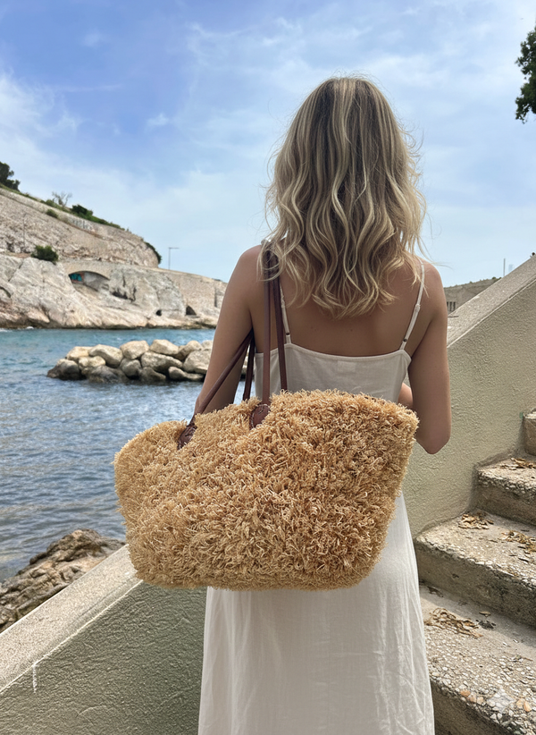 Handwoven Moroccan Palm Leaf Basket with Raffia Detail