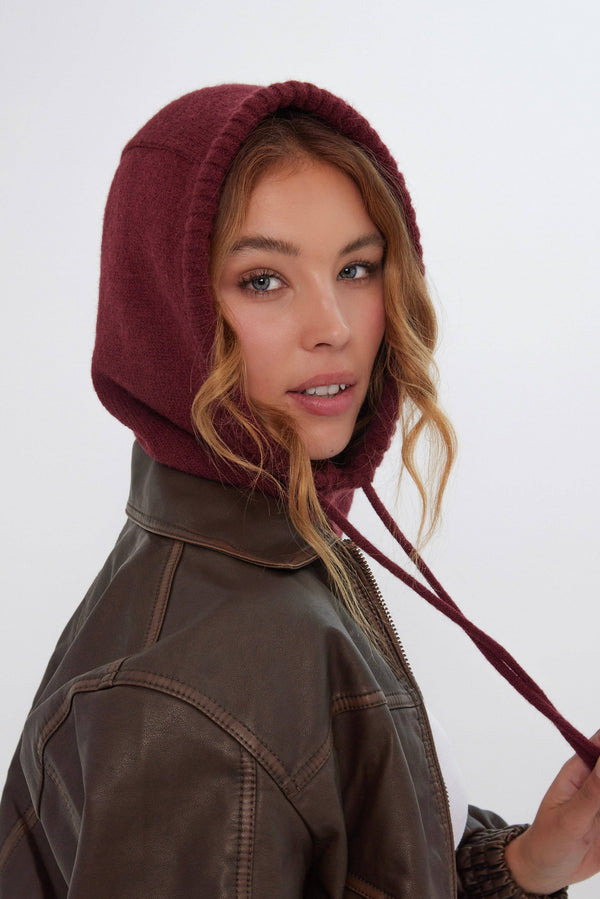 Drawstring Knitted Hood Balaclava in Burgundy