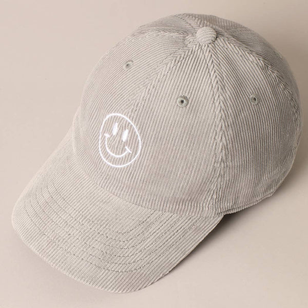 Smiley Face Embroidered Corduroy Hat