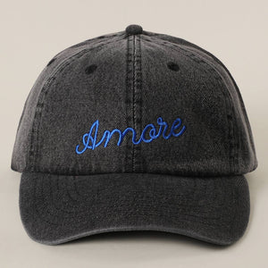 Amore Embroidered Washed Denim Baseball Cap