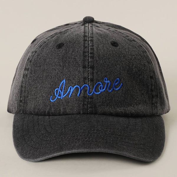 Amore Embroidered Washed Denim Baseball Cap