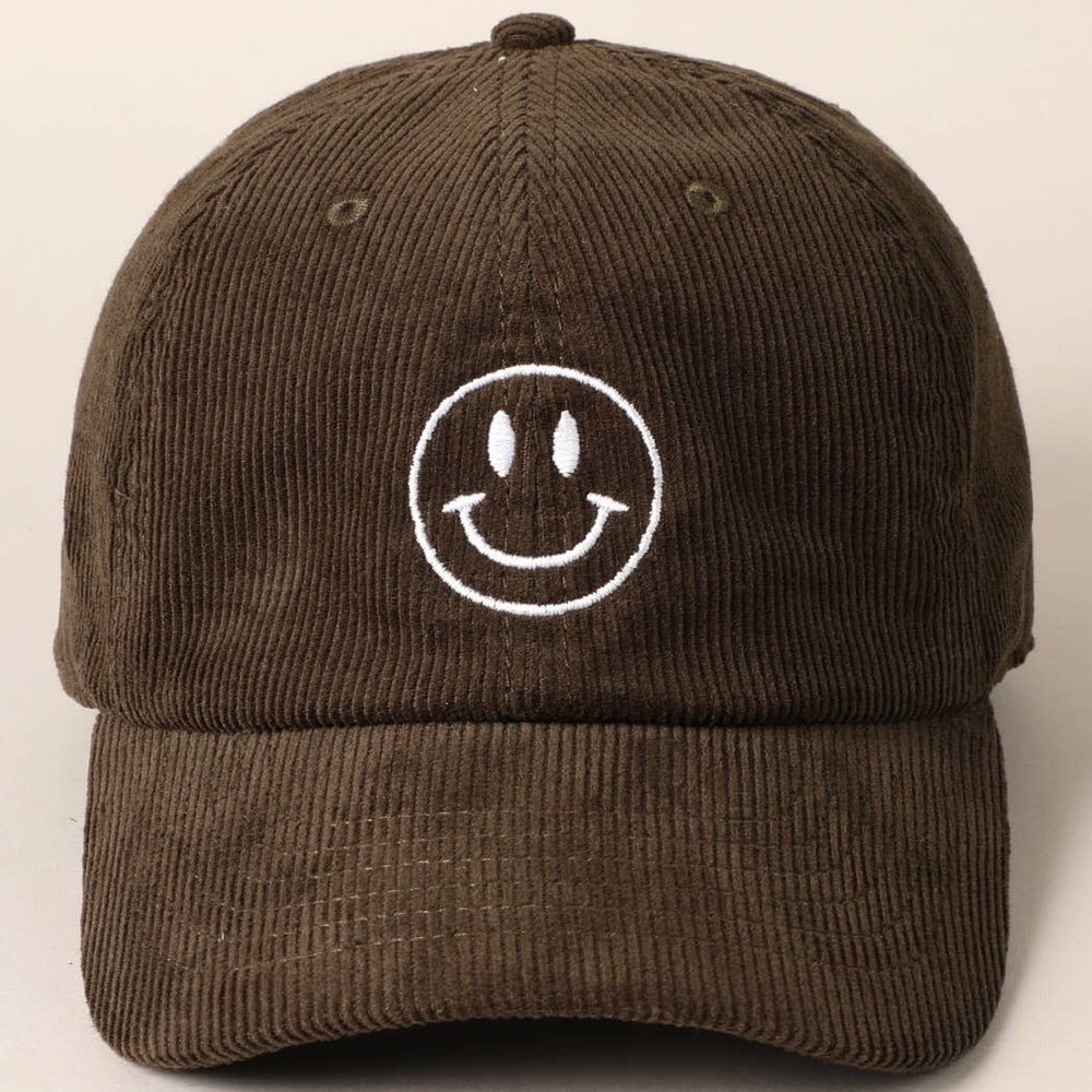 Smiley Face Embroidered Corduroy Hat