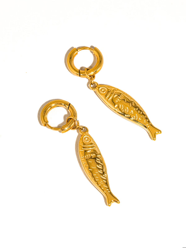 Gold Non-Tarnish Fish Hoop Earrings