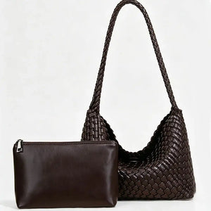Chocolate Brown Hand‑Woven Shoulder Tote with Pouch