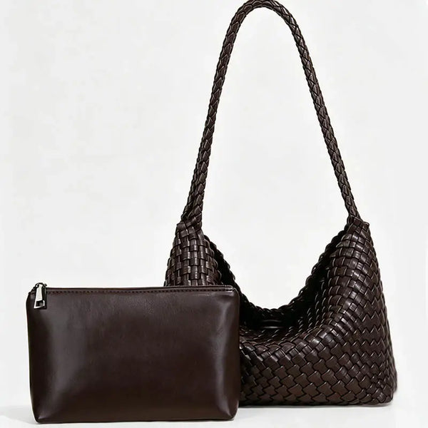 Chocolate Brown Hand‑Woven Shoulder Tote with Pouch