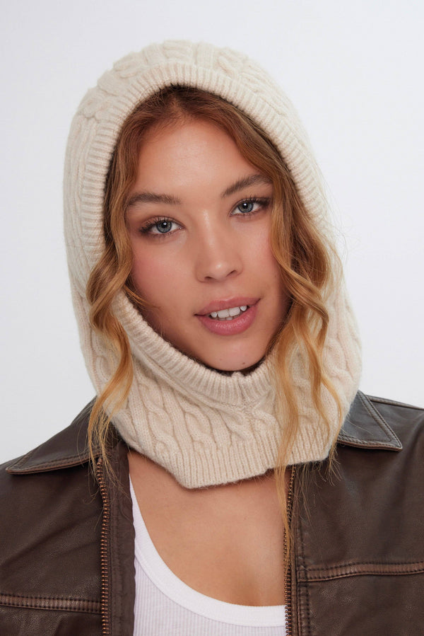 Cable Knitted Hood Balaclava in Cream
