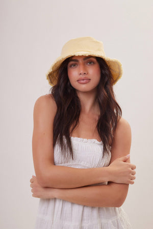 Frayed Edge Denim Bucket Hat in Yellow