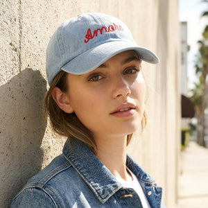 Amore Embroidered Washed Denim Baseball Cap