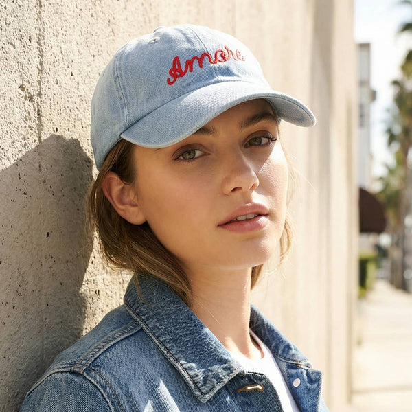 Amore Embroidered Washed Denim Baseball Cap