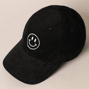Smiley Face Embroidered Corduroy Hat