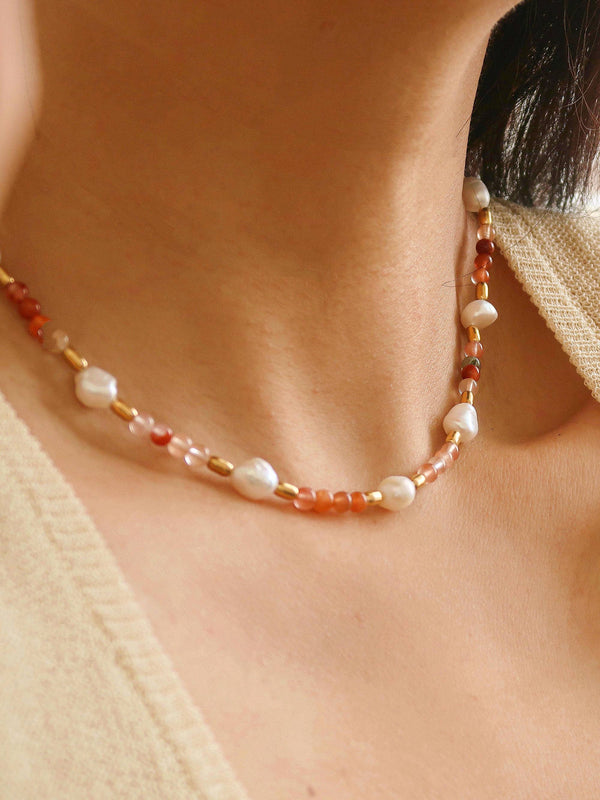 Non Tarnish Bohemian Rose Pearl and Bead Necklace
