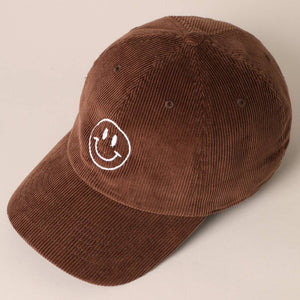 Smiley Face Embroidered Corduroy Hat