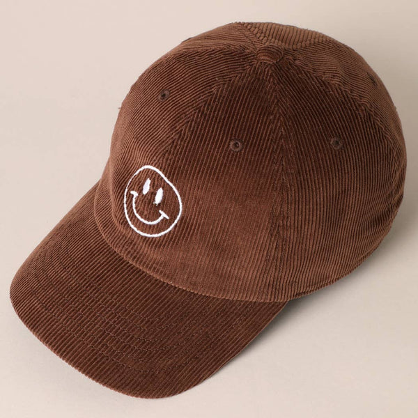 Smiley Face Embroidered Corduroy Hat