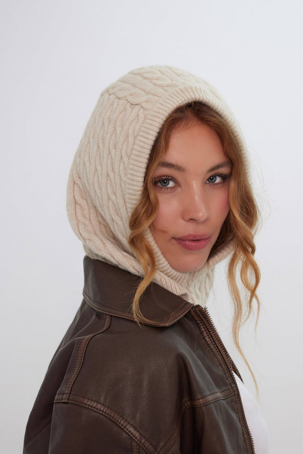 Cable Knitted Hood Balaclava in Cream
