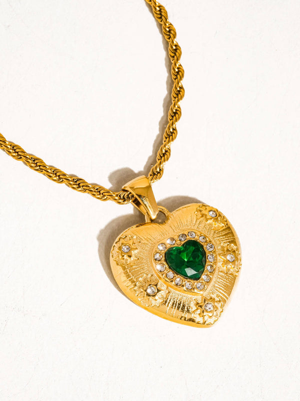 Gold Plated Non-Tarnish Green CZ Heart Necklace