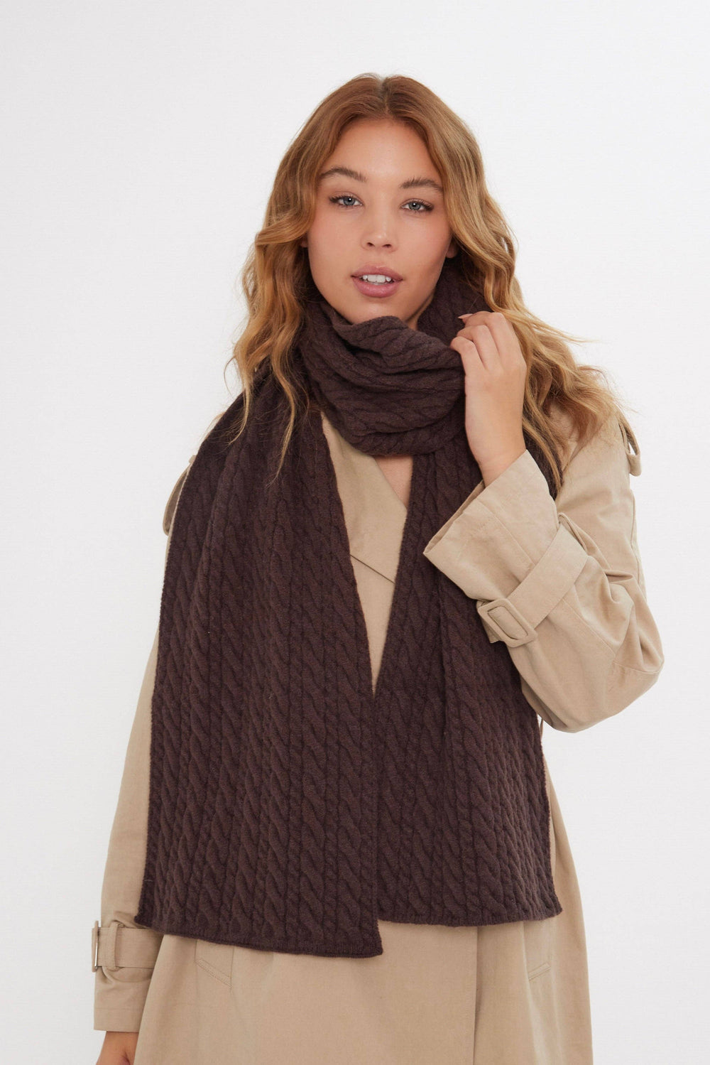 Cable Knitted Scarf in Brown
