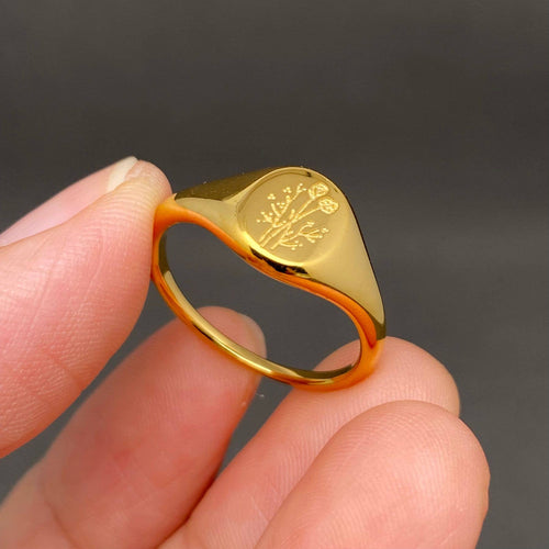 Multi style flowers Signet 18K Gold Plated S.Steel Ring -FGS